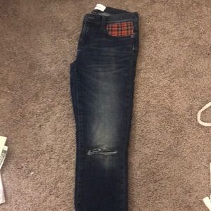 Current Elliot skinny jean with plaid insert.